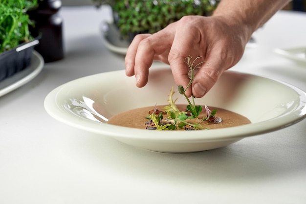 Hands plating a dish